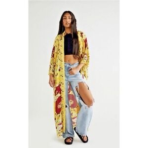 Free People Women Size ALL Hidden Hills Maxi Kimono Groovy Blooms Floral Yellow